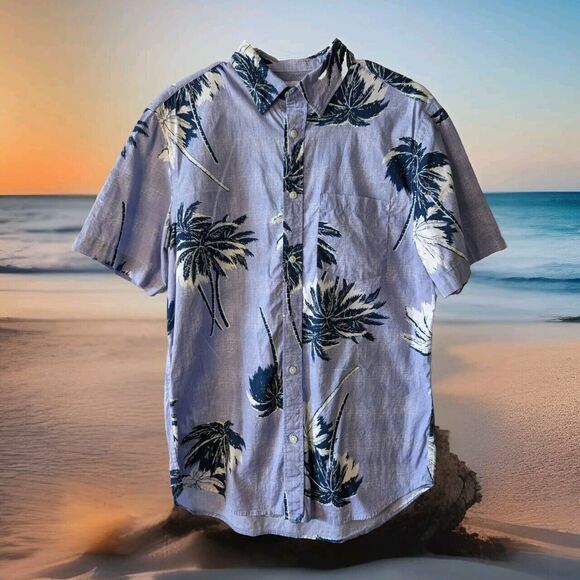 Old Navy Tropical Hawaiian Button Up Slim Fit Stretch Blue Size Medium - Picture 1 of 6